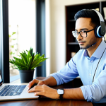 A professional person of ambiguous gender and ethnicity in a modest business casual shirt, fully clothed, appropriate attire, sitting comfortably at a clean, modern desk in a sunlit home office. The person is wearing a professional headset and looking thoughtfully at a laptop screen, engaged in a virtual meeting. The background includes blurred bookshelves and a potted plant, suggesting a comfortable yet organized workspace. The image conveys focus and productivity. Professional photography, sharp focus, natural pose, perfect anatomy, correct proportions, well-formed hands, proper finger count, natural body proportions, safe for work, appropriate content, family-friendly.