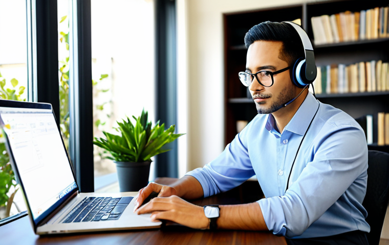 A professional person of ambiguous gender and ethnicity in a modest business casual shirt, fully clothed, appropriate attire, sitting comfortably at a clean, modern desk in a sunlit home office. The person is wearing a professional headset and looking thoughtfully at a laptop screen, engaged in a virtual meeting. The background includes blurred bookshelves and a potted plant, suggesting a comfortable yet organized workspace. The image conveys focus and productivity. Professional photography, sharp focus, natural pose, perfect anatomy, correct proportions, well-formed hands, proper finger count, natural body proportions, safe for work, appropriate content, family-friendly.