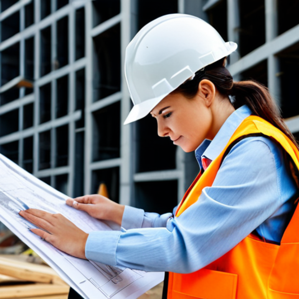 **
A professional female architect in a modest business casual outfit, reviewing blueprints at a construction site with a partially built skyscraper in the background. She is wearing a hard hat and safety vest. Fully clothed, appropriate attire, safe for work. Perfect anatomy, correct proportions, natural pose, well-formed hands, proper finger count, professional photography, high quality, family-friendly.
**