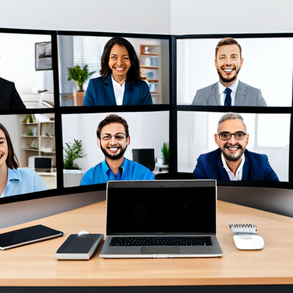 Successful Remote Meeting**
"A diverse group of professionals engaged in a productive video conference call. They are all smiling and appear to be actively participating. Everyone is fully clothed in professional attire. The background shows a variety of home offices, each clean and organized. Safe for work, appropriate content, professional, perfect anatomy, correct proportions, well-formed hands, proper finger count, natural body proportions, high quality."
**
