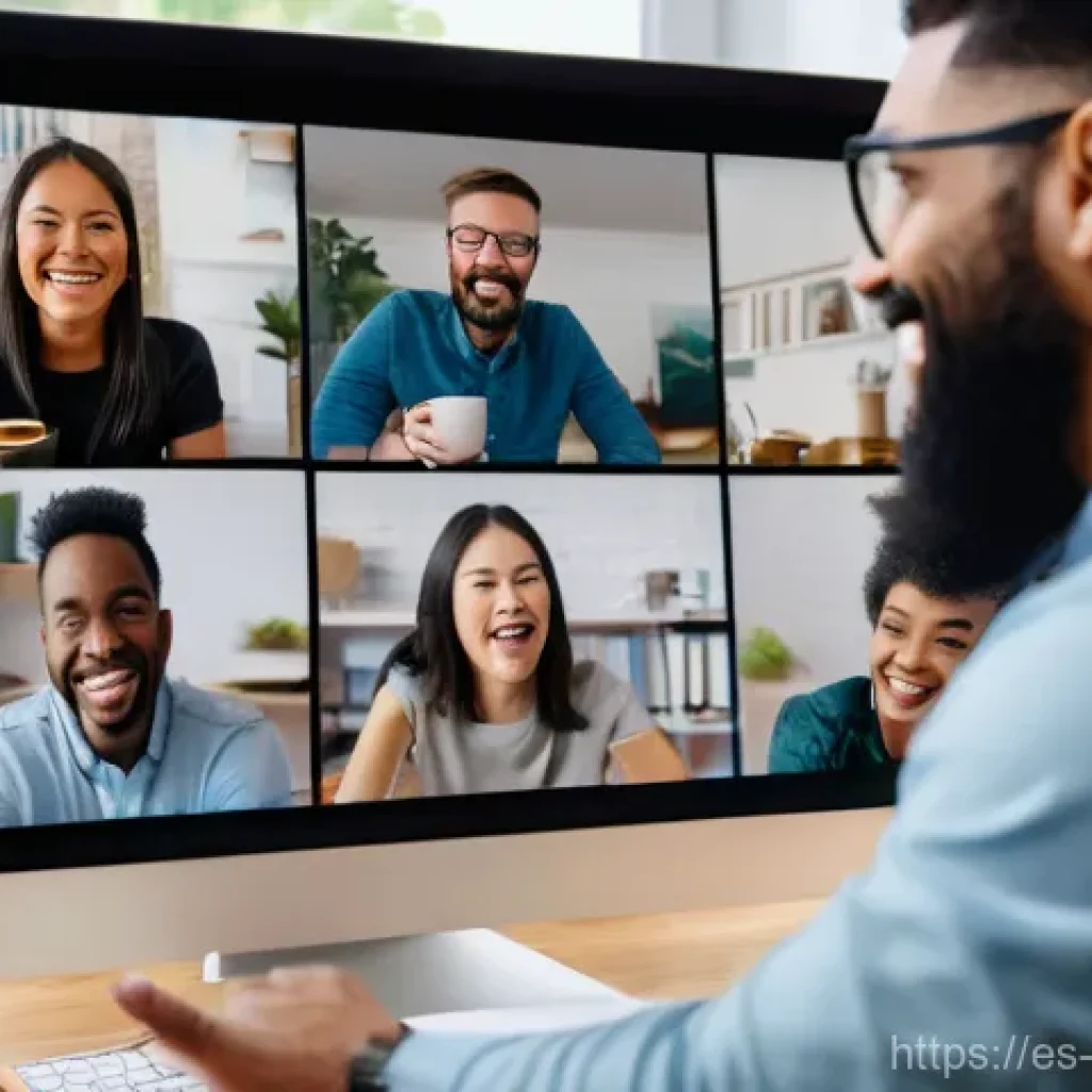 비대면 환경에서의 직원 경험 개선 전략 - **A vibrant scene of diverse remote employees engaging in a "virtual coffee break."** Depict a group...