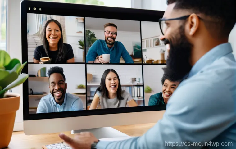 비대면 환경에서의 직원 경험 개선 전략 - **A vibrant scene of diverse remote employees engaging in a "virtual coffee break."** Depict a group...
