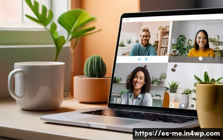 직원 참여를 높이기 위한 가상 커피챗 기획법 - A cozy virtual coffee meeting scene showing a diverse group of adults in casual clothing, each parti...