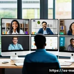 Home 22 비대면 업무에서의 갈등 관리 전략 - A diverse remote work team engaged in a lively virtual meeting via video conference, each member vis...