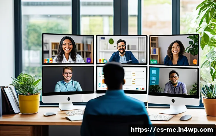 비대면 업무에서의 갈등 관리 전략 - A diverse remote work team engaged in a lively virtual meeting via video conference, each member vis...
