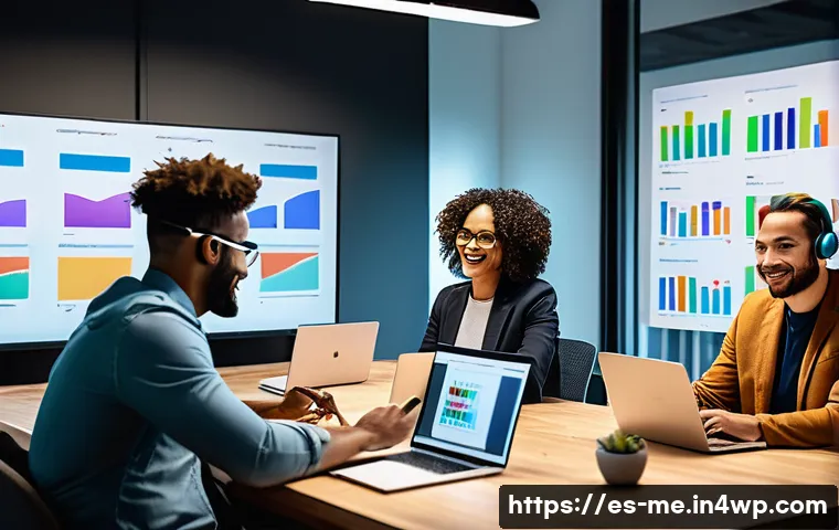 원격 근무 시 팀원 간의 유대감 증진법 - A diverse remote work team engaged in a lively virtual meeting using laptops and headsets, each memb...