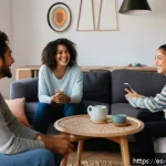 Home 19 비대면 소통에서의 공감 능력 향상 전략 - A diverse group of young adults engaged in a warm, empathetic video call in a cozy, modern living ro...