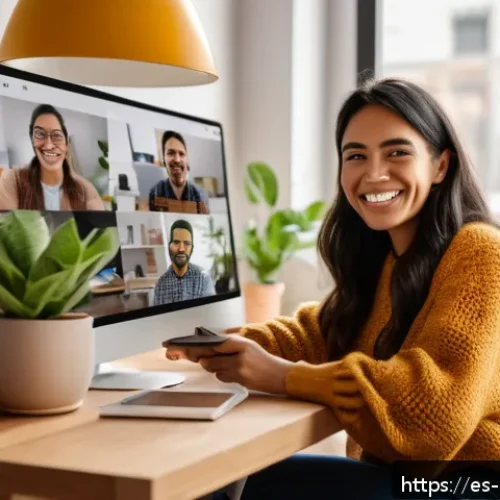 Home 30 직원 참여 증진을 위한 비대면 네트워킹 기법 - A vibrant virtual office scene showing diverse remote employees engaging in a casual digital coffee ...